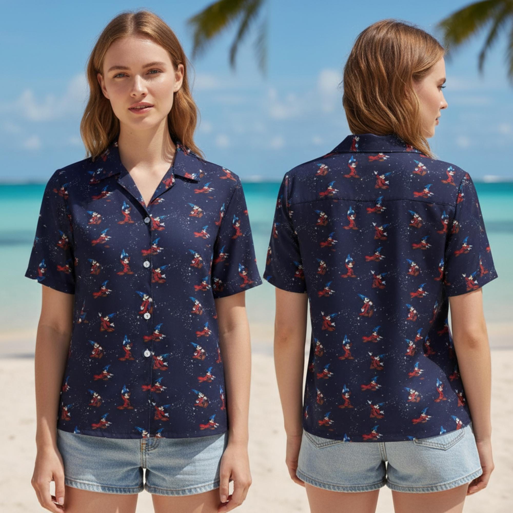 Discover Disney Fantasia Sorcerer Mickey Hawaiian Shirt, Starry Magic Pattern Button Up Shirt, Wizard Mickey Shirt, Disney Family Matching Outfits