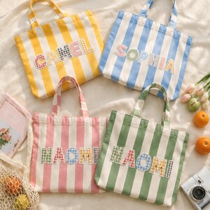 Personalized Embroidered Name Striped Tote Bag, Custom Patchwork Letter Canvas Bag, Summer Beach Tote, Back Top School Gift