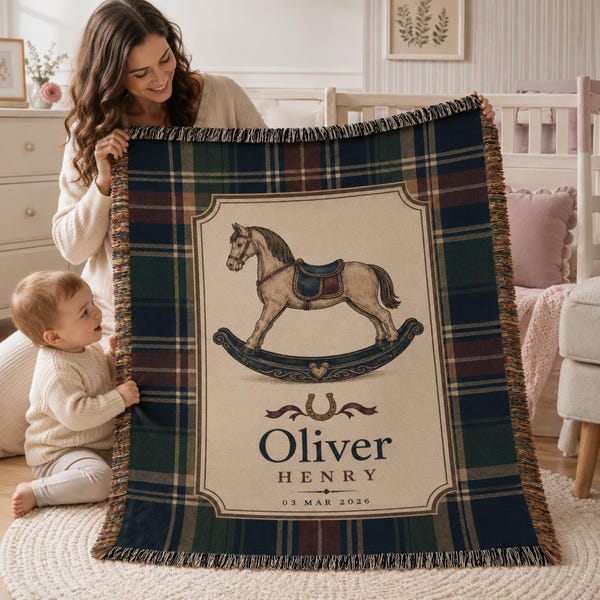 Personalized Baby Name Woven Blanket, Vintage Rocking Horse Throw Blanket, Nursery Decor, Newborn Keepsake, Baby Shower Gift