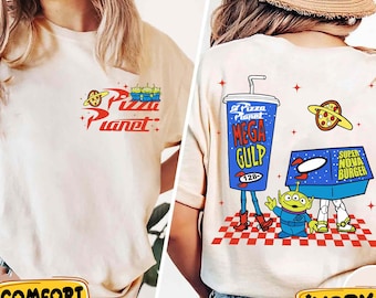 Dubbelzijdig Disney Toy Story Pizza Planet-T-shirt, Alien Woody Buzz-shirt, Pizza Planet-T-shirt, grappig Toy Story-shirt, bijpassende Bestie-T-shirt
