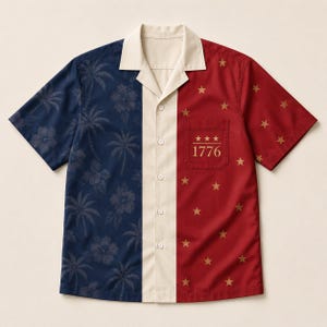 May include: A short-sleeve button-down shirt featuring a vertical color-blocked design. The left side is navy blue with a tonal palm tree and hibiscus pattern, the center is cream, and the right side is red with gold stars and the text 1776.