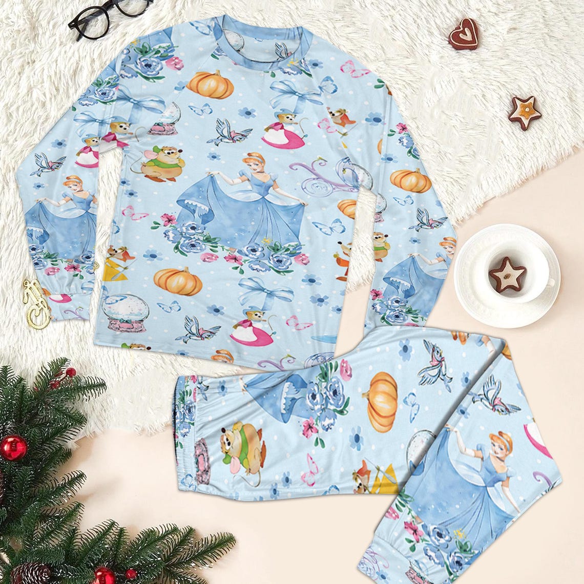 Cute Princess Cinderella Floral Pajamas Set, Disney Princess Cinderella ...