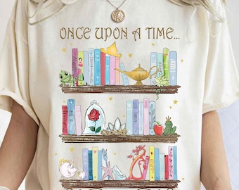 T-shirt aquarelle princesse Disney étagère il était une fois, chemise Belle Tiana Mulan Tiana, t-shirt bibliothèque Belle, cadeau pour amateur de lecture