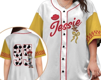 Camiseta de béisbol con lazo y nombre personalizado de Jessie Coquette, inspirada en Toy Story de Disney, atuendo de vaquera de Jessie, regalo para amantes de Toy Story