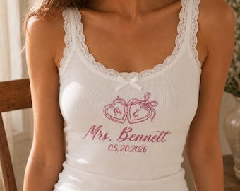 Embroidered Custom Initials Heart Locket Bride Mrs Lace Mini Dress, Personalized Embroidery Bridal Shower Outfit, Engagement Gift For Her