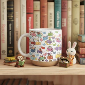 May include: A white ceramic mug with a black handle and the text "But First, Coffee" in a handwritten style. The mug is on a white surface. The mug is approximately 4 inches tall.