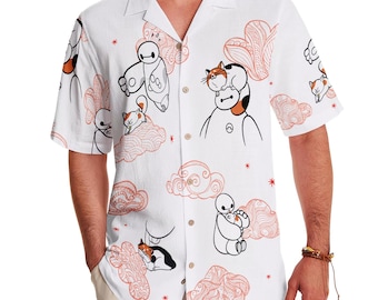 Camiseta hawaiana de Disney Baymax y el gato adorable de las nubes, camiseta hawaiana de manga corta de Disney Big Hero 6, camiseta de verano de Disneyland, camiseta de playa Aloha de Disney