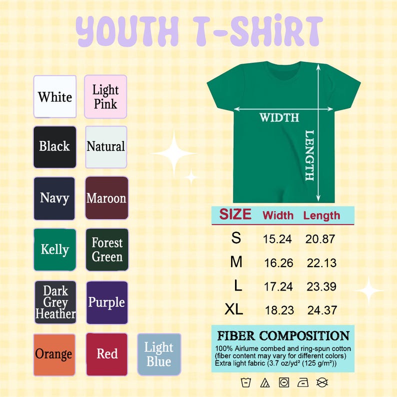 Peut inclure: Un t-shirt vert pour jeunes avec des options de taille et de couleur. L'image comprend un tableau des tailles avec des mesures en centim&egrave;tres et une description de la composition des fibres. Les options de couleur incluent blanc, noir, marine, vert kelly et orange.