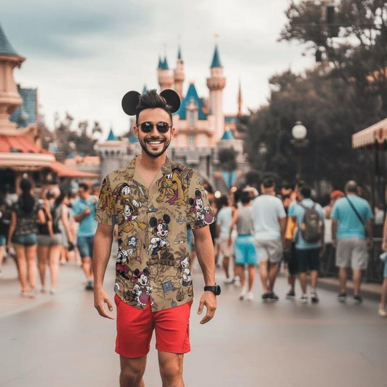 Disney Mickey And Friends Pirates Hawaiian T-shirt, Pirates Of The Caribbean Hawaii Tee, Mickey Minnie Print Button Tee, Summer Beach Tee image 2