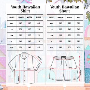 May include: Size chart for youth Hawaiian shirts and shorts. The chart shows the US size, length, width, sleeve length, waist, and hip measurements in inches.