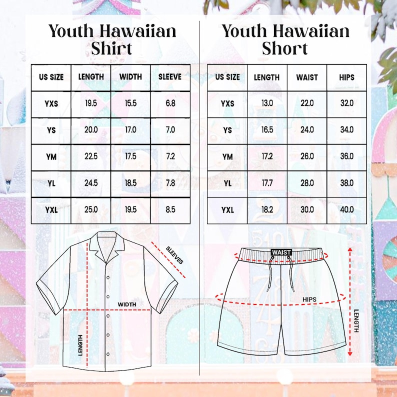 May include: Size chart for youth Hawaiian shirts and shorts. The chart shows the US size, length, width, sleeve length, waist, and hip measurements in inches.