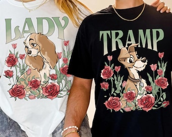 Retro Lady And The Tramp Couple Floral T-Shirt, Disney Lady And The Tramp Matching Shirt, Disney Couple Gift, Family Matching Outfit