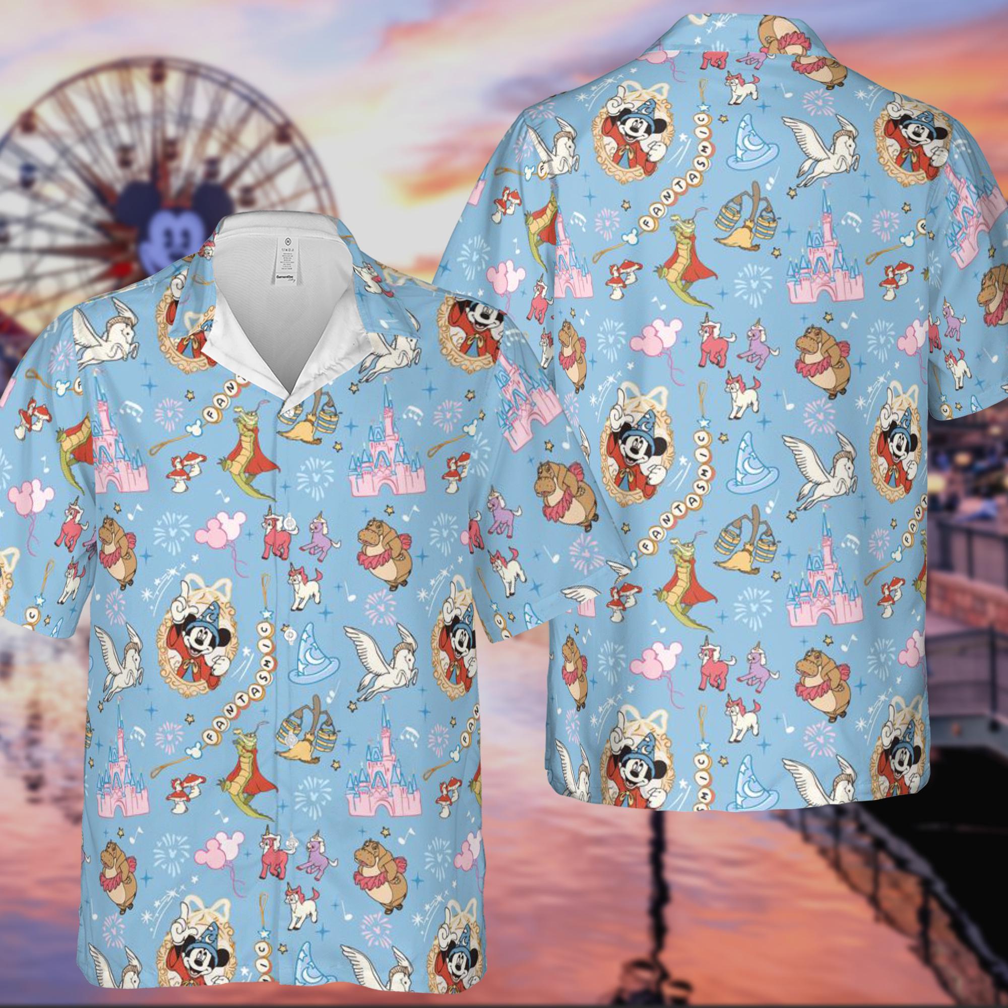 Discover Retro Fantasia Sorcerer Mickey Hawaiian Shirt, Disney Fantasia Hawaiian Tee, Magic Broom Shirt, Disneyland Vacation Gift, Magic Kingdom Tee