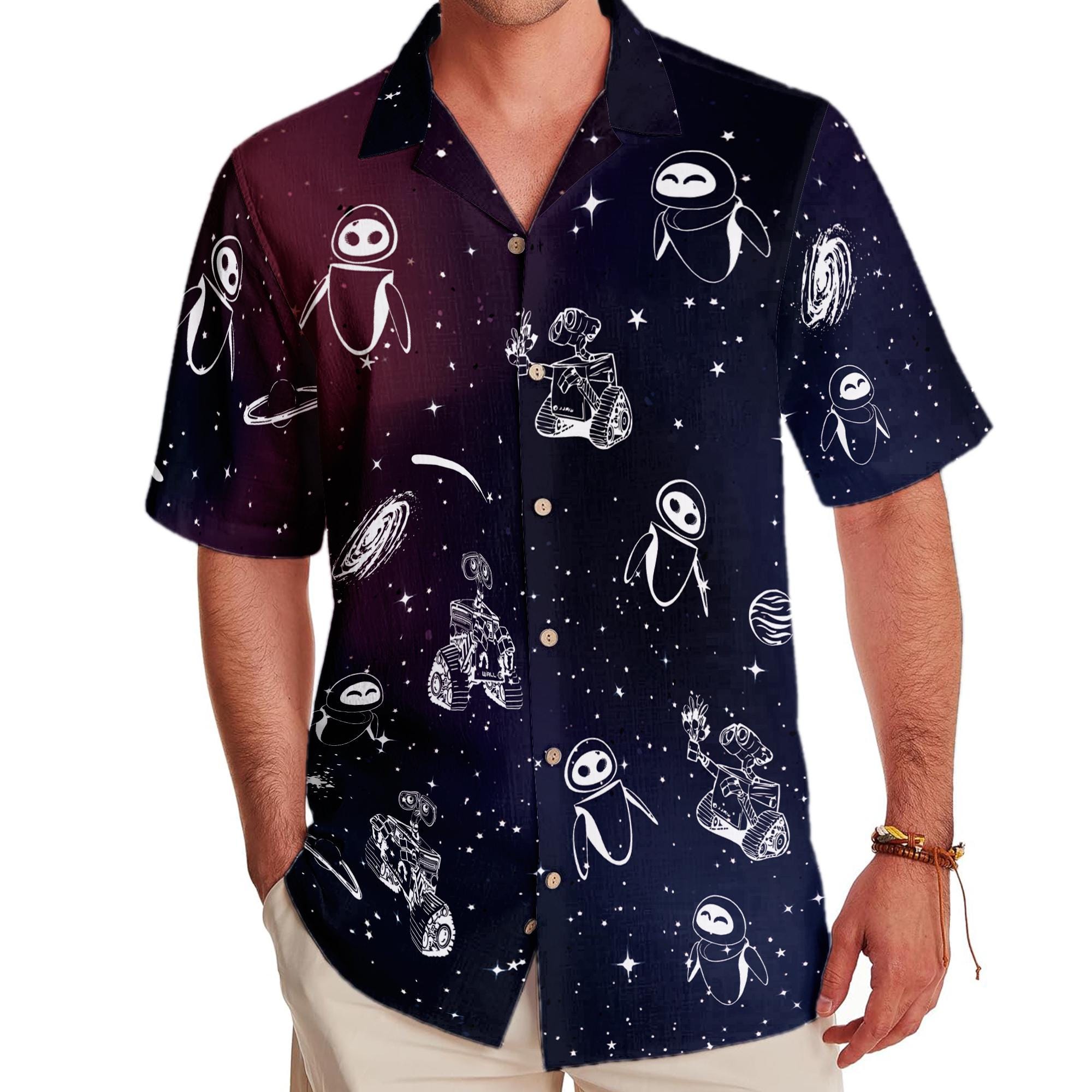Discover Disney Wall-e And Eve In Space Hawaiian Shirt, Disney Galaxy Couple Hawaiian Tee, Pixar Wall-e Print Button Tee, Summer Beach Trip Tee