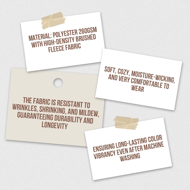 May include: Image features four tan sticky notes with text describing fabric properties. The notes state the material is polyester 260GSM, high-density brushed fleece, resistant to wrinkles, shrinking, and mildew, and ensures long-lasting color vibrancy.