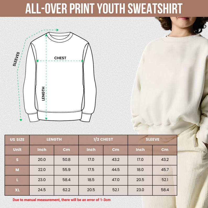 May include: Cream-colored youth sweatshirt with a crew neck. The image includes a size chart with measurements in inches and centimeters for length, chest, and sleeve sizes, ranging from S to XL. The text "ALL-OVER PRINT YOUTH SWEATSHIRT" is at the top.