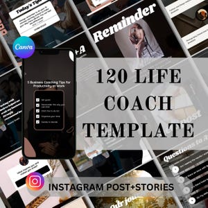 May include: A collage of images with a black and white color scheme. The images feature text that says "120 LIFE COACH TEMPLATE" and "5 Business Coaching Tips for Productivity at Work". The text is in a bold, white font. The images also feature a checklist with five items. The checklist is in a black and white color scheme. The images are arranged in a grid pattern.