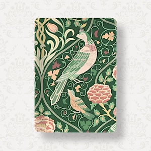May include: A rectangular decorative panel featuring a dark green background with a repeating pattern of two birds, one larger and one smaller, surrounded by stylized pink flowers, light green leaves, and intricate swirling vine motifs.