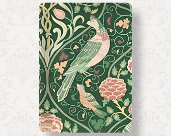 May include: A rectangular decorative panel featuring a dark green background with a repeating pattern of two birds, one larger and one smaller, surrounded by stylized pink flowers, light green leaves, and intricate swirling vine motifs.