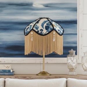 Vintage Style Lampshade Linen Cotton Fabric Blue Pattern - Tassels & Beads Hand Sewn Lamp Shade