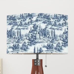 Lamp Shade with Ring (Ships from USA) * Toile de Jouy Blue & White Print on Linen Fabric * 17.5&quot; Diameter x 10.2&quot; Height * Drum Lampshade