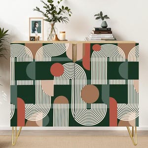 Credenza Cabinet - Ships from USA - Modern Abstract Geometric Pattern Mid-Century Modern MCM Sideboard Wooden Storage Unit Console Furniture