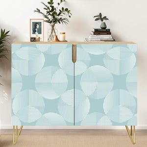 Credenza Wooden Storage Cabinet - Retro Geometric Pattern on Light teal Blue