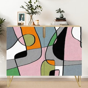 Credenza Cabinet Ships from USA - Abstract Geometric Muted Color MCM Sideboard Wooden Storage Minimalist Storage Console Entryway Furniture