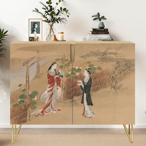 Credenza Cabinet * Ships from USA * Japanese Print Evening Faces Kawamata Tsunemasa 18th Century * Wooden Sideboard Storage Unit Console