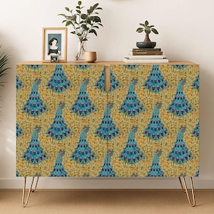 Credenza - Peacocks Pattern Art Deco Print by Maurice Pillard Verneuil - Wood Storage Cabinet with Metal Hairpin Legs