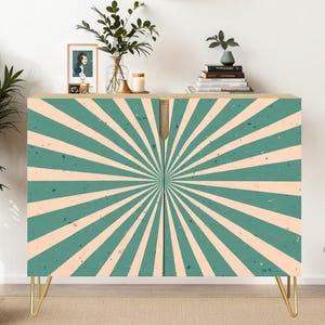Wooden Storage Cabinet Ships from USA – Teal Sunburst Credenza Cabinet – Retro Sideboard – Mid Century Modern Storage Unit Accent Furniture