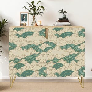 Wooden Storage Cabinet - Ships from USA - Japanese Wave Credenza Cupboards – Seigaiha Print Sideboard – Japandi Modern Entryway Console