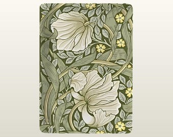 May include: A rectangular print featuring a botanical pattern with large, cream-coloured flowers and long, flowing sage green leaves. Small, bright yellow five-petaled flowers are scattered throughout the dense, dark green foliage background.