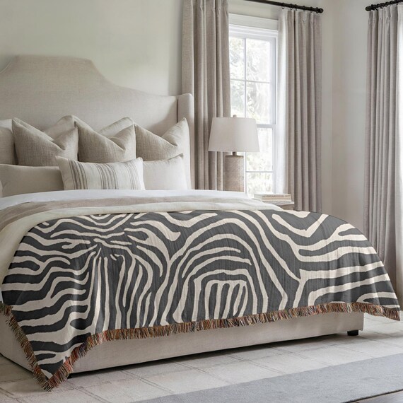 Woven Blanket With Fringe Edge * Zebra Pattern* Pure Cotton