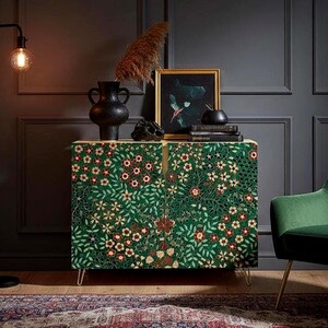 May include: A green cabinet with a floral pattern, featuring red and cream-colored flowers and green leaves. The cabinet has gold-colored hairpin legs and a light-colored top. A black vase, artwork, and books are on top of the cabinet.