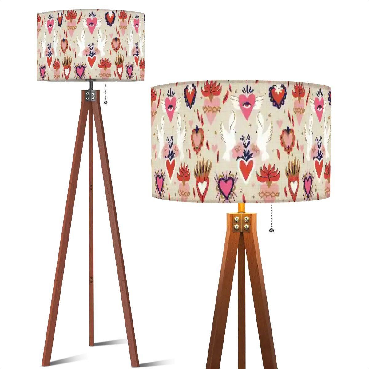Tripod Floor Lamp (Ships from USA) Sacred Heart and Doves Pattern on Linen Fabric * Natural Wood * Lampshade (17.5" Diameter x 10.2" Height)
