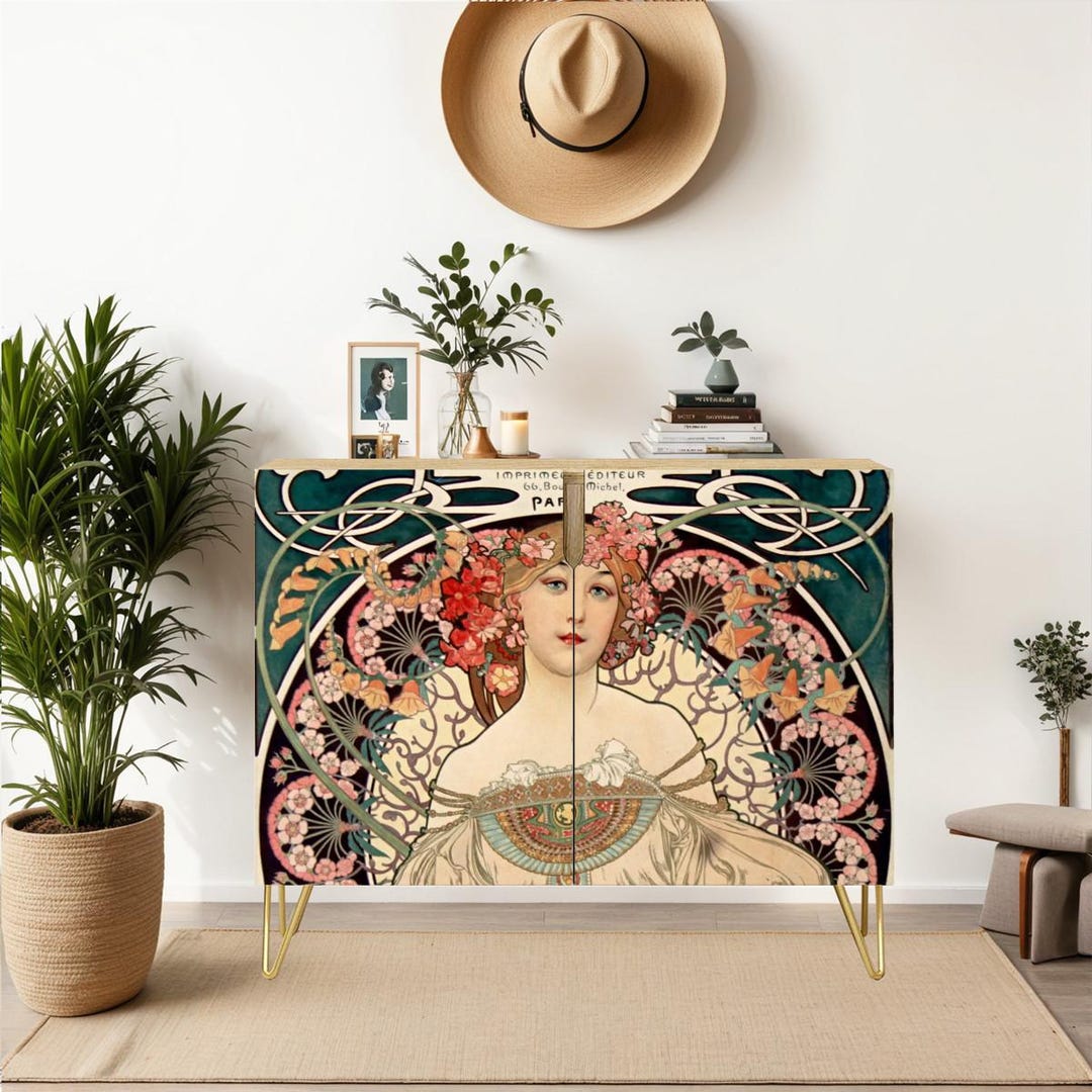 Credenza Cabinet * Ships From USA * Art Nouveau Alphonse Mucha