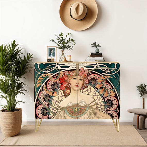 Credenza Cabinet * Ships From USA * Art Nouveau Alphonse Mucha