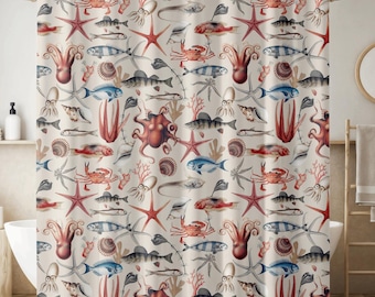 Shower Curtain - Vintage Marine Life Pattern on Creamy Background