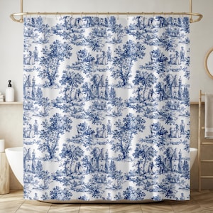 May include: A white shower curtain with a blue toile pattern featuring a repeating design of trees, houses, and figures.
