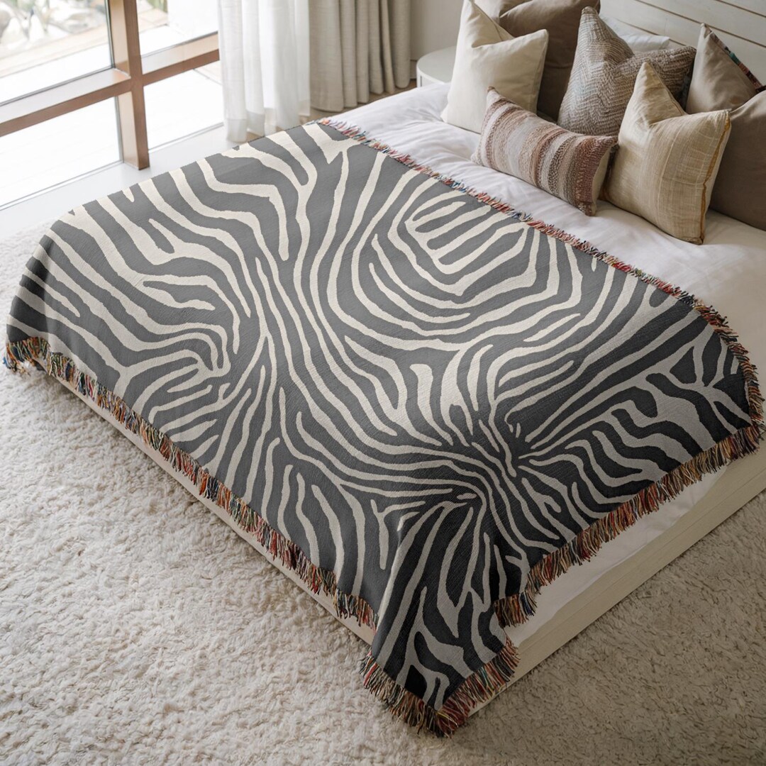 その他 USED FRINGE BLANKET Woven Blanket With Fringe Edge * Zebra Pattern* Pure Cotton