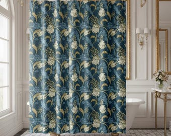 Cortina de ducha con estampado botánico Art Nouveau en azul y crema - Decoración de baño William Morris