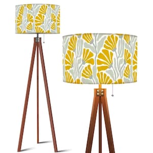 Tripod Floor Lamp (Ships from USA) Mustard Yellow & Sage Floral Pattern on Linen Fabric Natural Wood * Lampshade 17.5&quot; Diameter x 10.2&quot; High