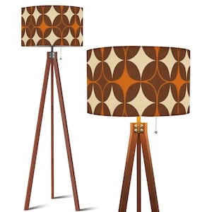 Tripod Floor Lamp (Ships from USA) Burnt Orange & Brown Retro Pattern on Linen Fabric * Natural Wood * Lampshade 17.5&quot; Diameter x 10.2&quot; High