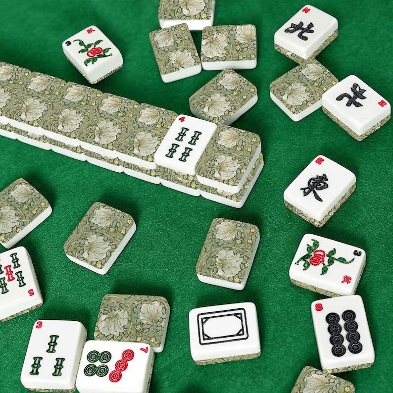 Amerikanische Mahjong Fliesen Set William Morris Pimpernel Muster Olive Dunkelgrün Bild 3