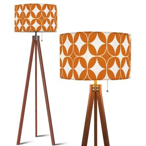 Tripod Floor Lamp (Ships from USA) Burnt Orange & White Retro Pattern on Linen Fabric * Natural Wood * Lampshade 17.5&quot; Diameter x 10.2&quot; High