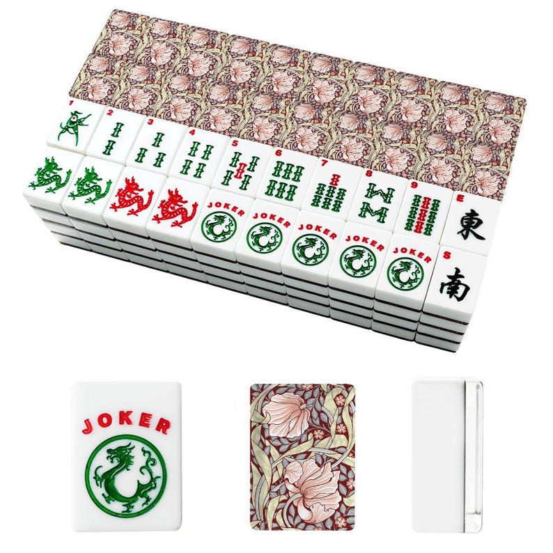 American Mahjong Tiles Set William Morris Pimpernel Pattern Salmon Pink Burgundy image 4