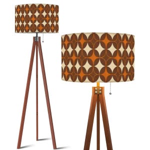 Tripod Floor Lamp (Ships from USA) Burnt Orange & Brown Retro Pattern on Linen Fabric * Natural Wood * Lampshade 17.5&quot; Diameter x 10.2&quot; High