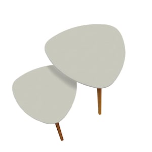 May include: Two nesting tables with a light gray, triangular tabletop and three wooden legs. The tables are a light neutral color and have a mid-century modern design.