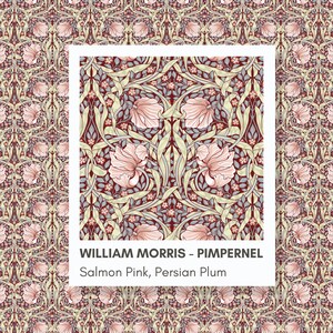 May include: A square graphic print featuring the William Morris Pimpernel pattern in salmon pink, cream, and deep persian plum. The design displays symmetrical floral motifs with intertwined leaves and petals. Text reads: WILLIAM MORRIS - PIMPERNEL Salmon Pink, Persian Plum.